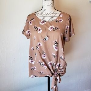 Tan Floral Short Sleeve Tie Front Top, Size M